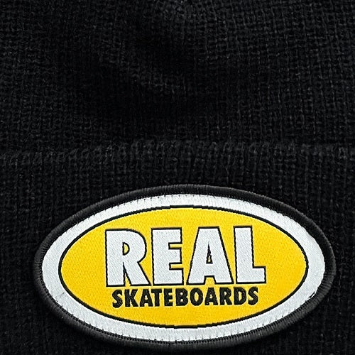 Real Beanie Oval Cuff Black Yellow Bi-Fold Skateboard Headwear