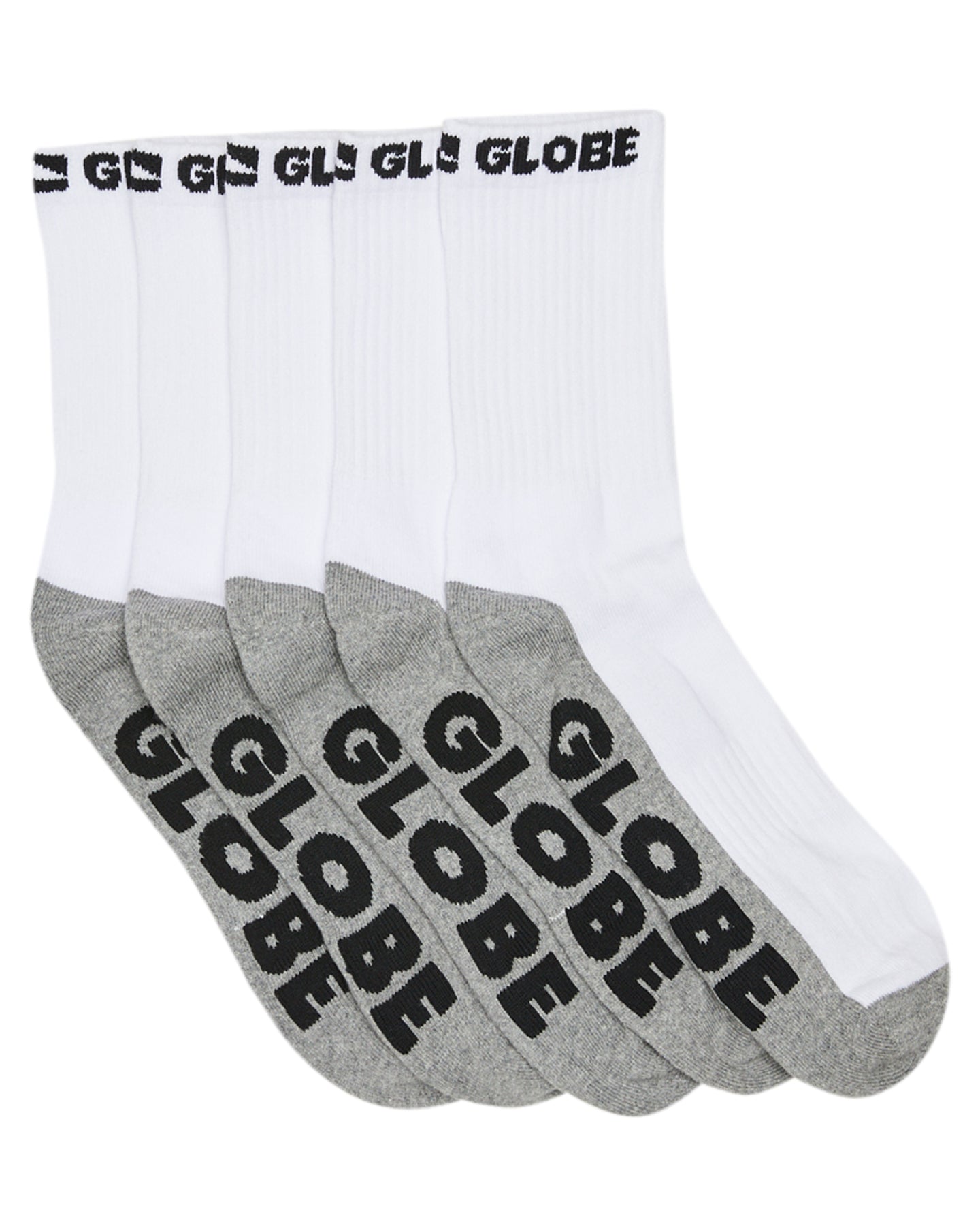 Globe Socks 5 Pack Quarter White Grey Crew Size 7-11 Skateboard Sox