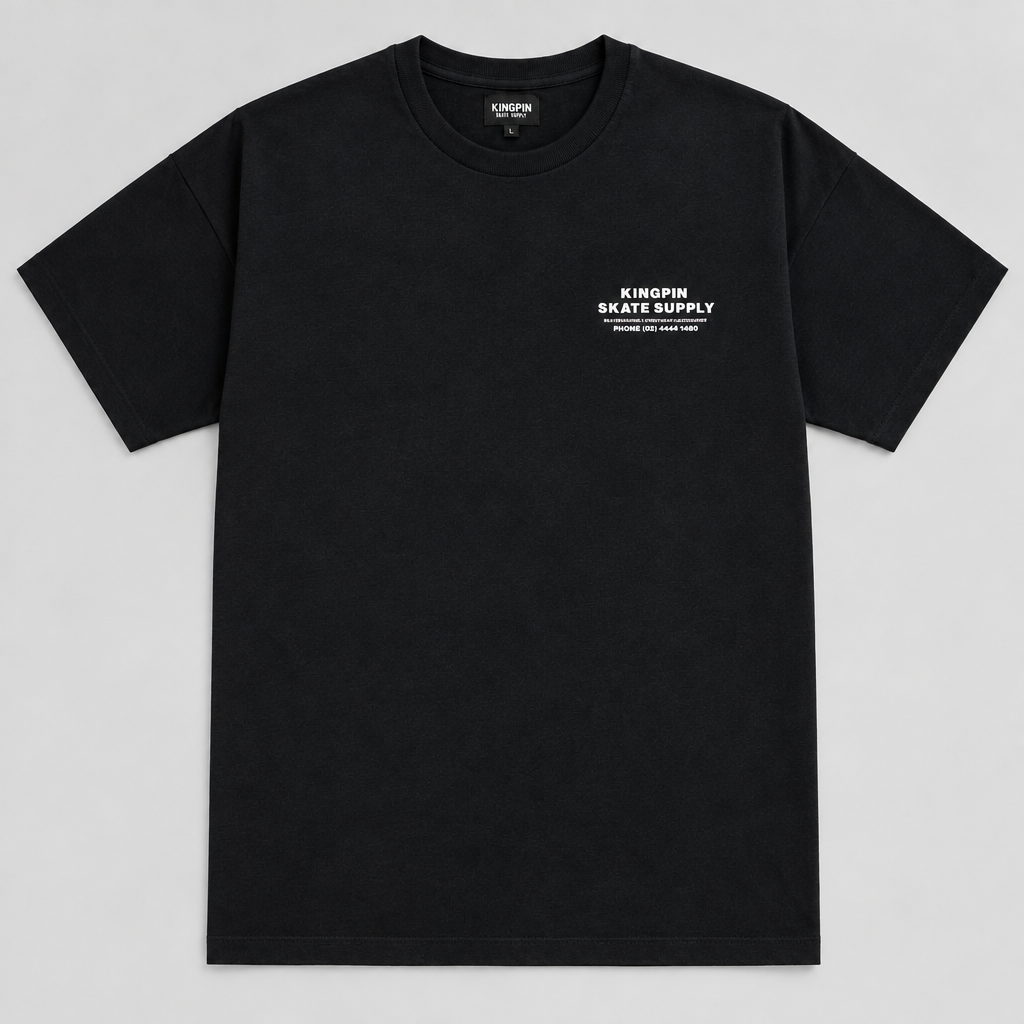 A black short-sleeve crewneck t-shirt with white text on the left chest reading 'KINGPIN SKATE SUPPLY' and 'Bellingham, ME based brand', displayed flat against a light gray background.