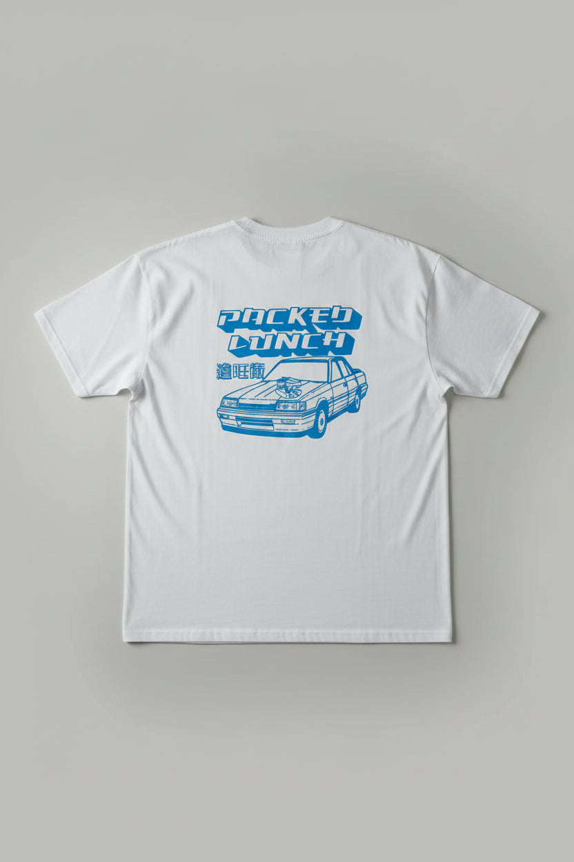 Person wearing a white t-shirt with blue graphics and text on the back.