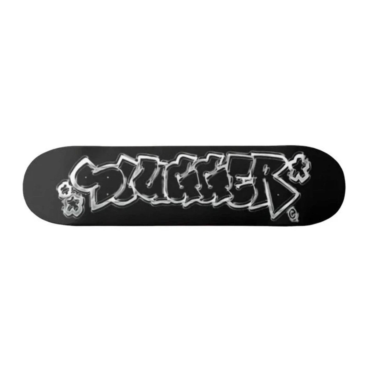A black skateboard deck featuring a large white graffiti-style graphic of the word 'slugger' outlined in black, shown against a plain white background.