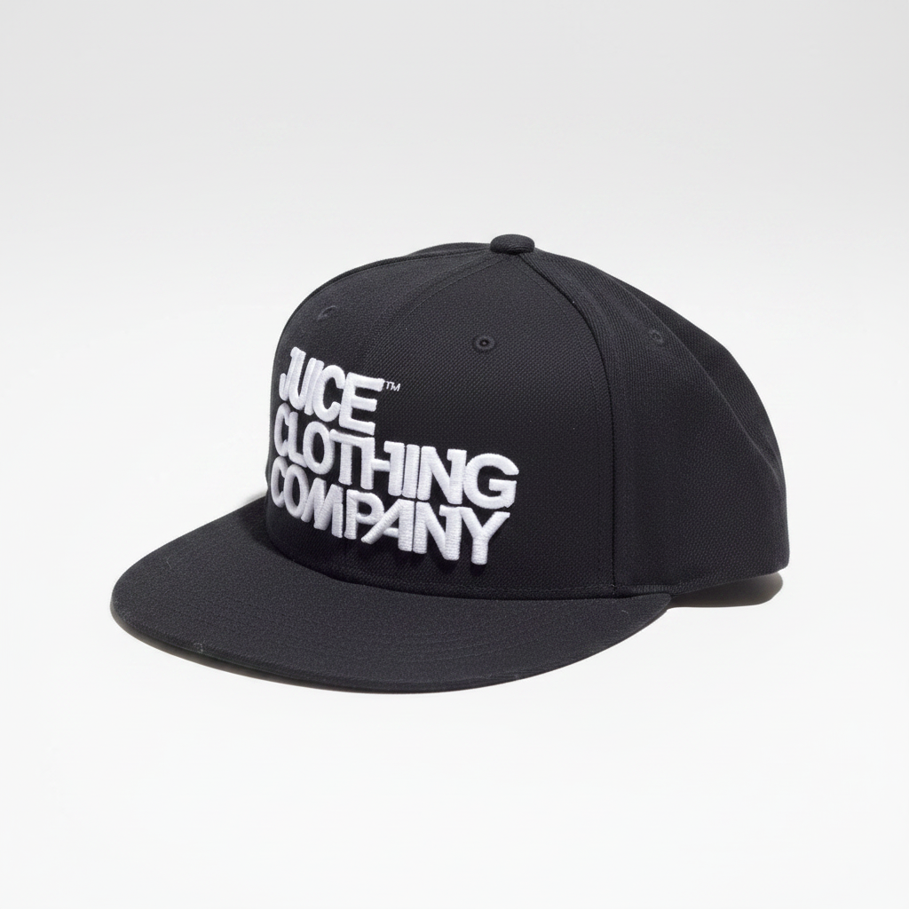 A black flat-brim snapback cap featuring the text 'JUICE CLOTHING COMPANY' in bold white letters on the front, set against a clean white background.