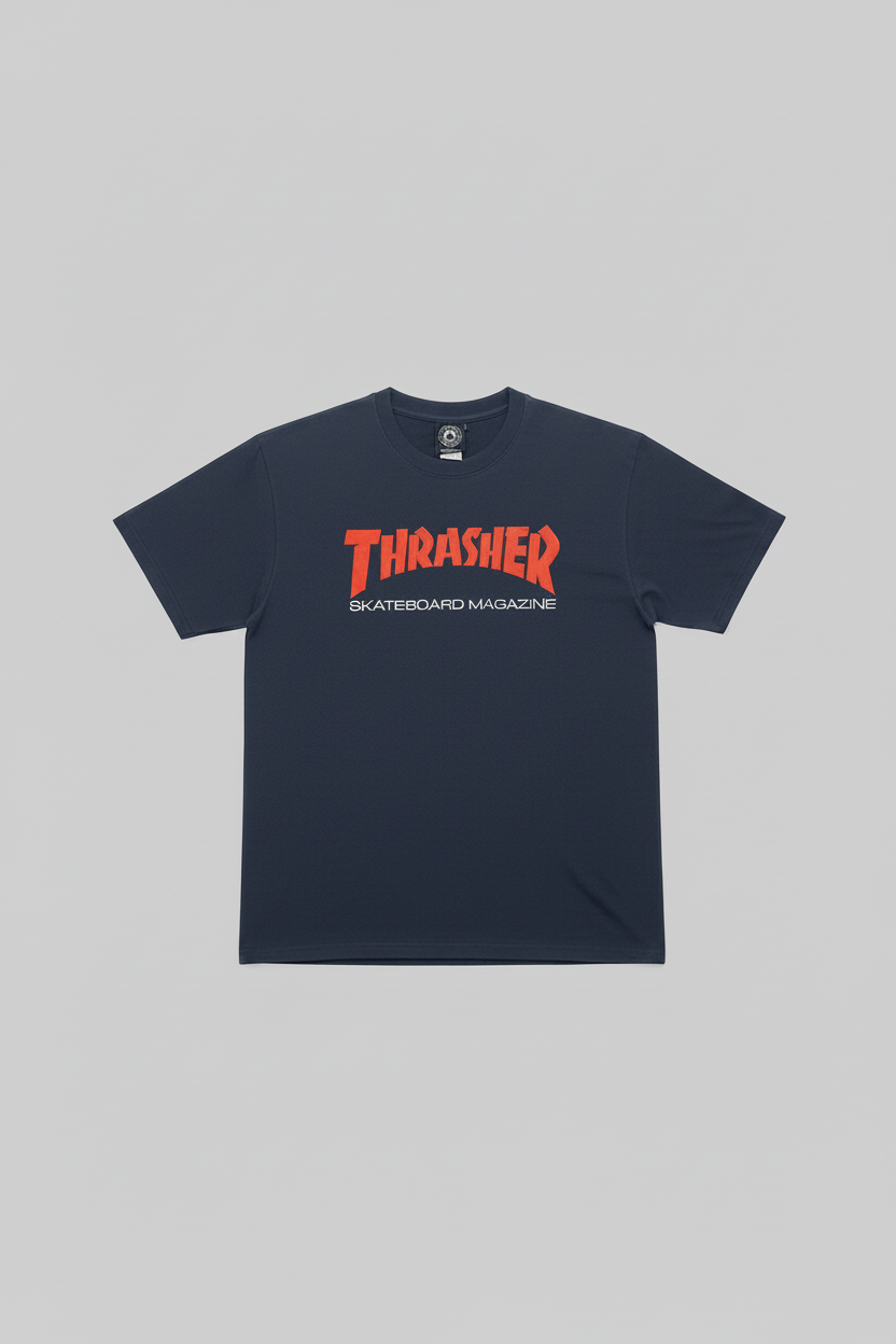 A navy short-sleeve crewneck t-shirt featuring the red and white Thrasher Skateboard Magazine logo printed across the chest, displayed flat against a solid gray background.