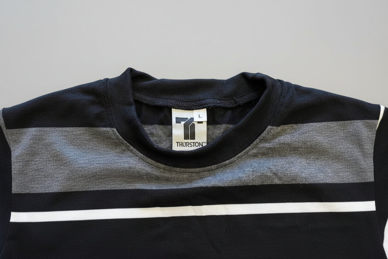 THURSTON CLOTHING T-SHIRT STRIPE BLACK GREY WHITE SIZE LARGE