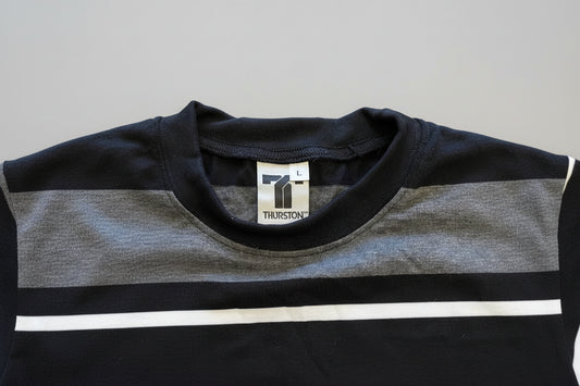 THURSTON CLOTHING T-SHIRT STRIPE BLACK GREY WHITE SIZE LARGE