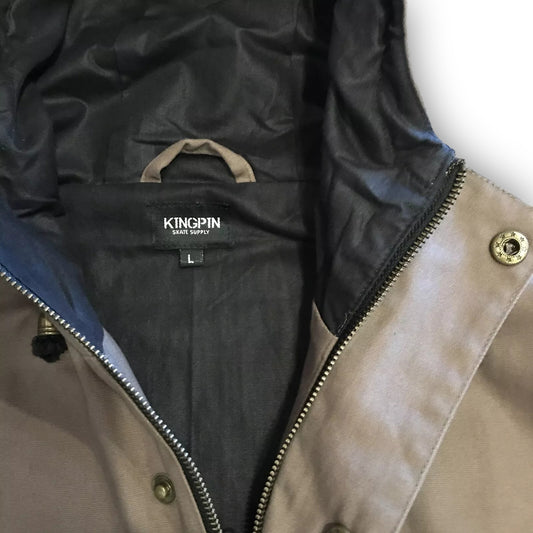 Kingpin Skate Supply Utility Jacket Olive Heavy Cotton Drill Zip Up Button Hood