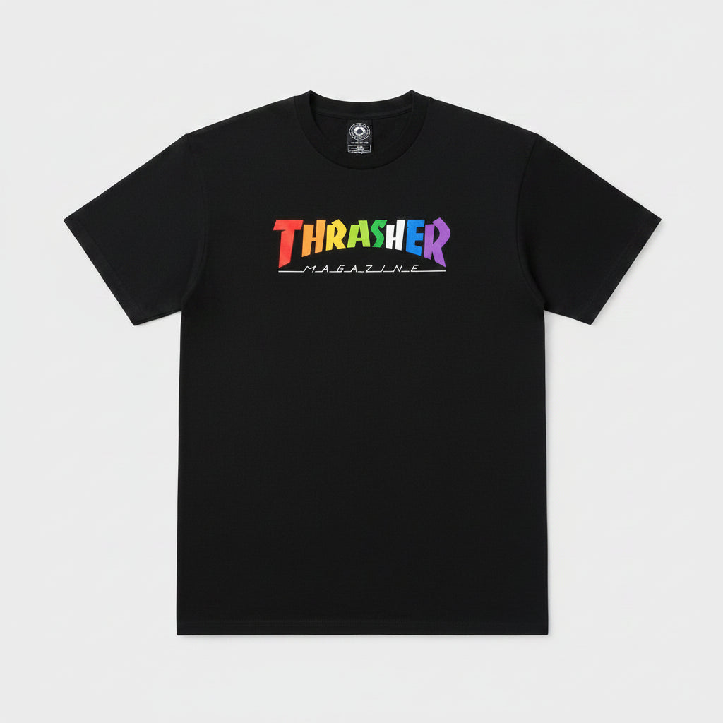 THRASHER Rainbow tee Short Sleeve T-Shirt BLACK multi colour logo tshirt
