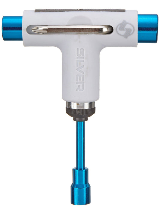 Silver Skate Tool White Blue Premium Ratchet Complete Skateboard T Tool