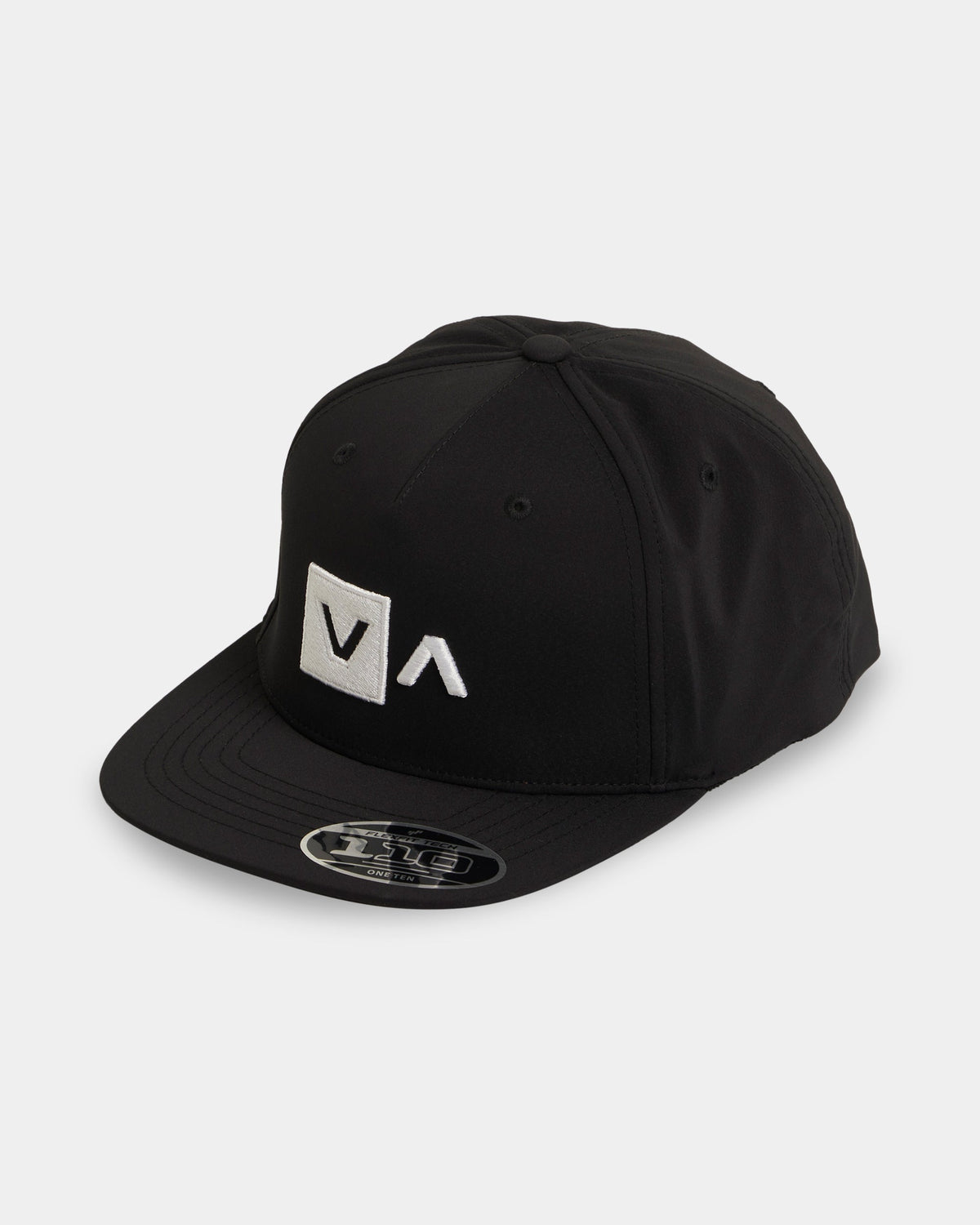 Black cap with a white logo on a white background