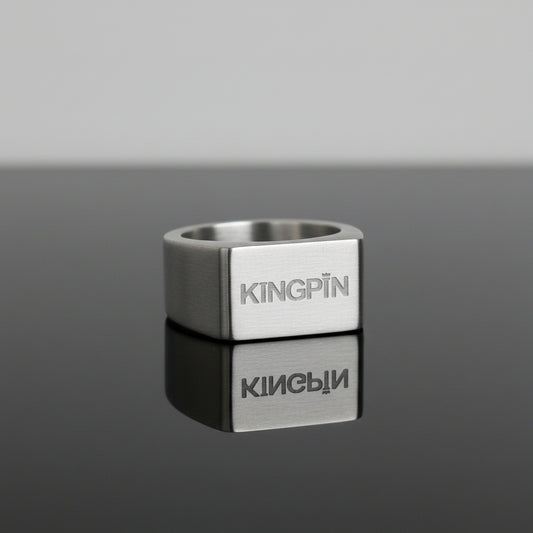 Silver titanium ring with 'KINGPIN' branding