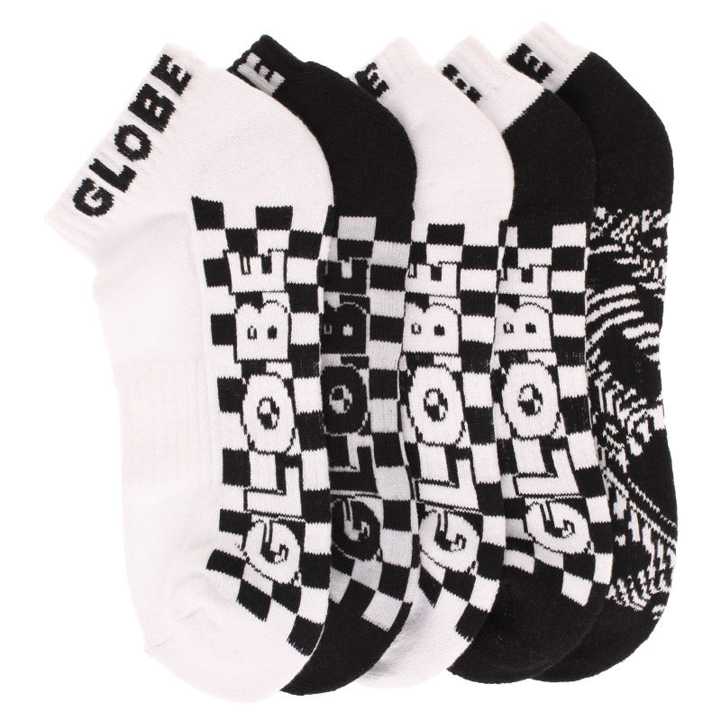 Globe Socks 5 Pack Strobe Ankle Black White Size 7-11 Skateboard Sox