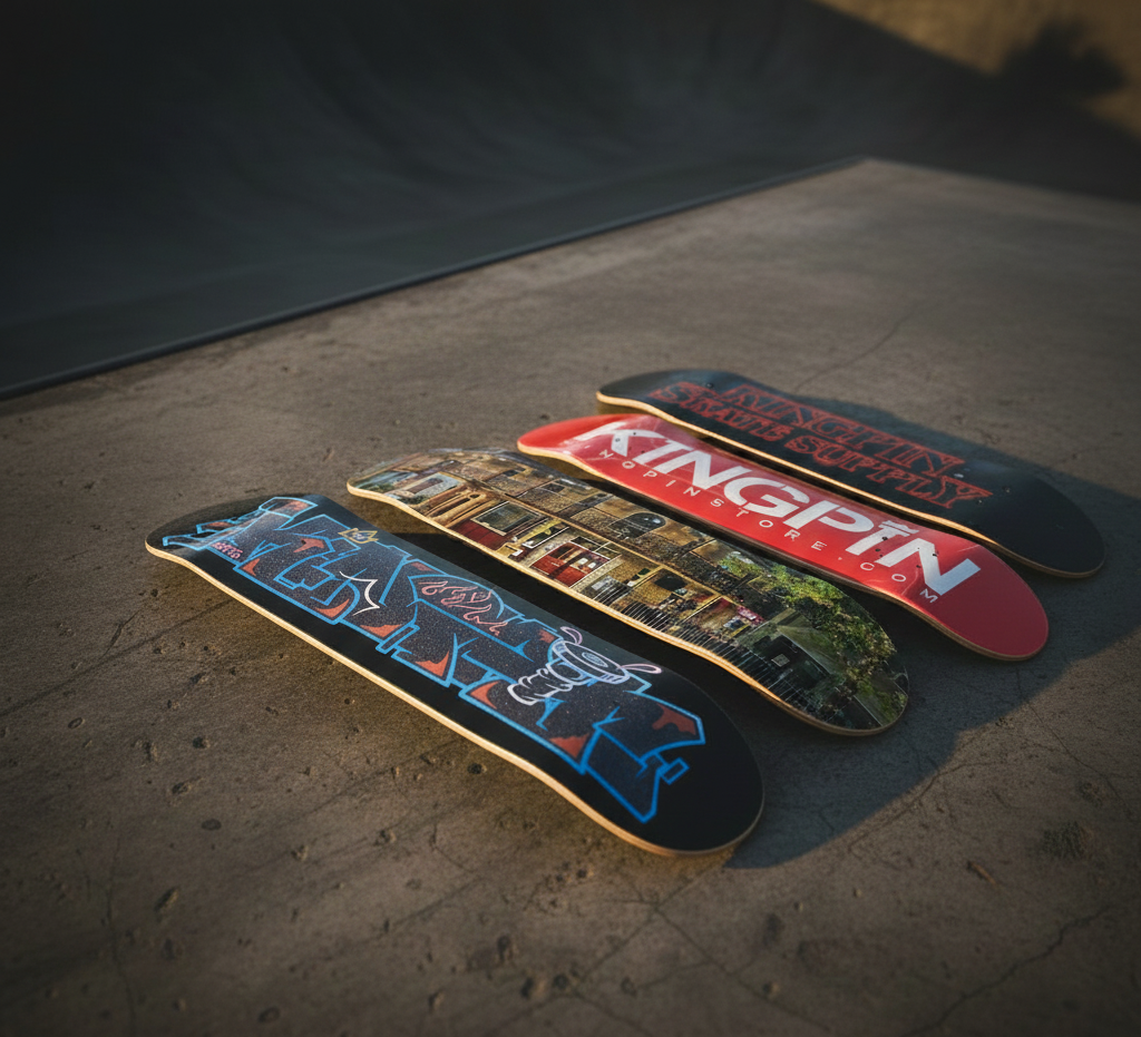 Shop exclusive Kingpin Skate Supply skateboard decks.
