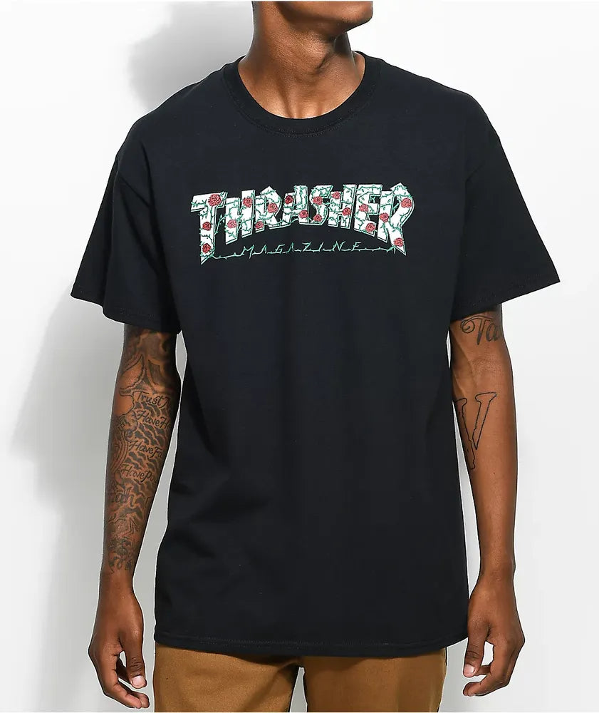 Thrasher Tee Roses Black Skateboard Magazine T Shirt