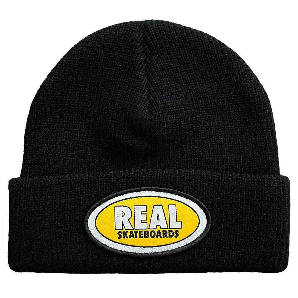 Real Beanie Oval Cuff Black Yellow Bi-Fold Skateboard Headwear