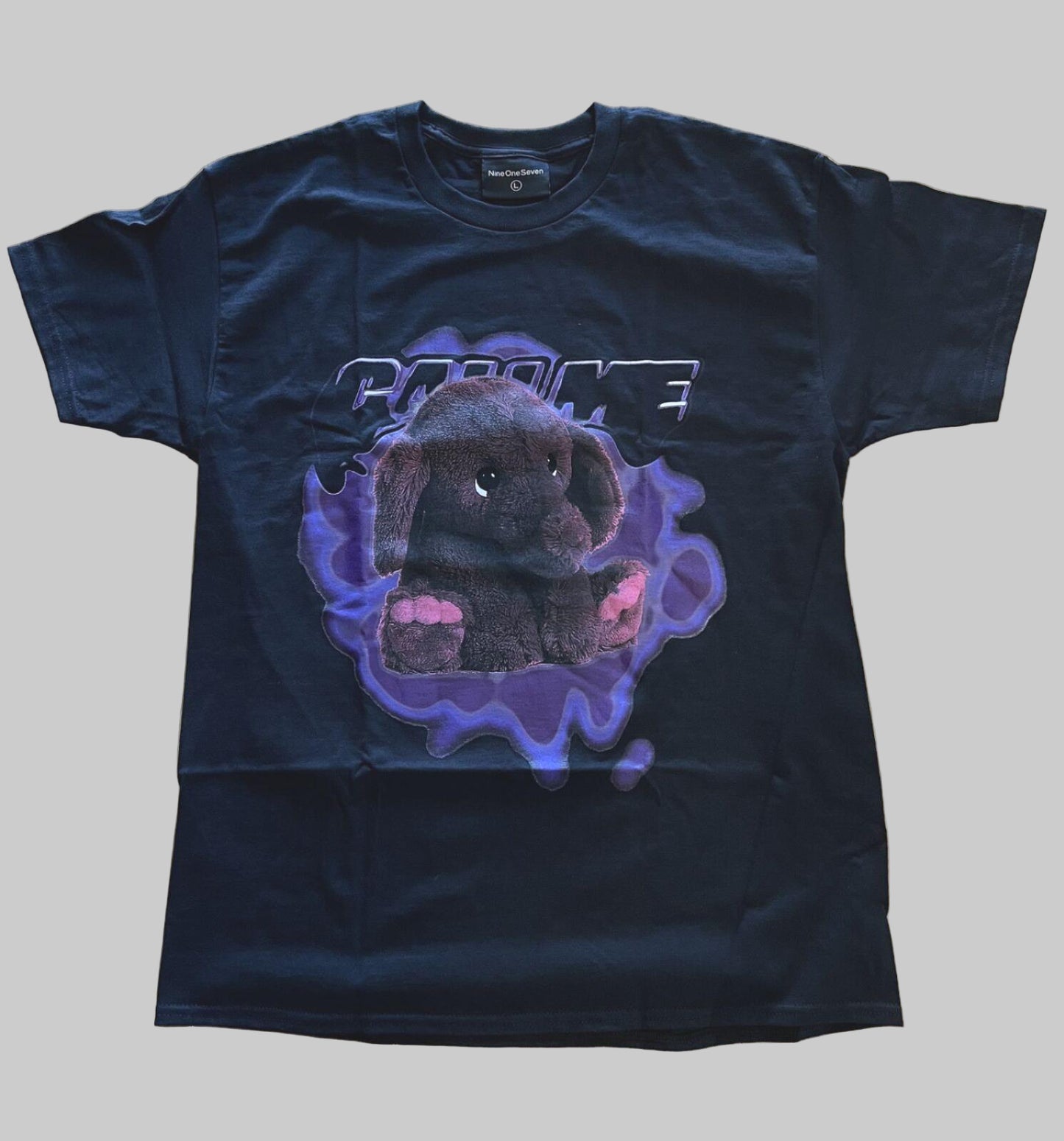 Black t-shirt with a graphic of a plush elephant toy and 'Call me 917' text on a gray background