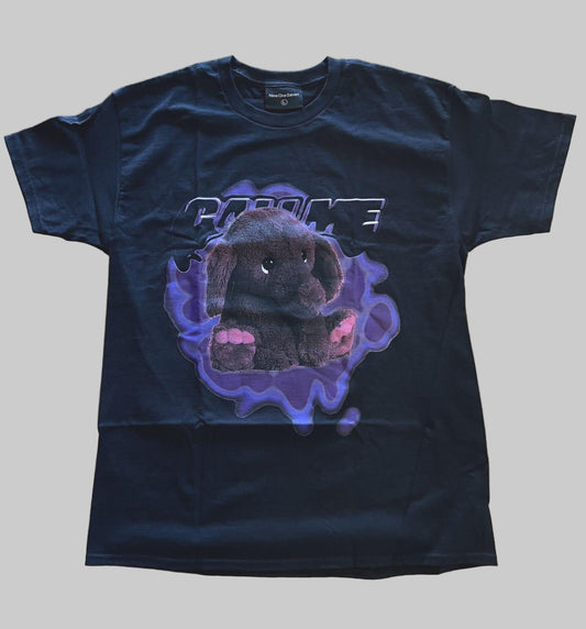 Black t-shirt with a graphic of a plush elephant toy and 'Call me 917' text on a gray background