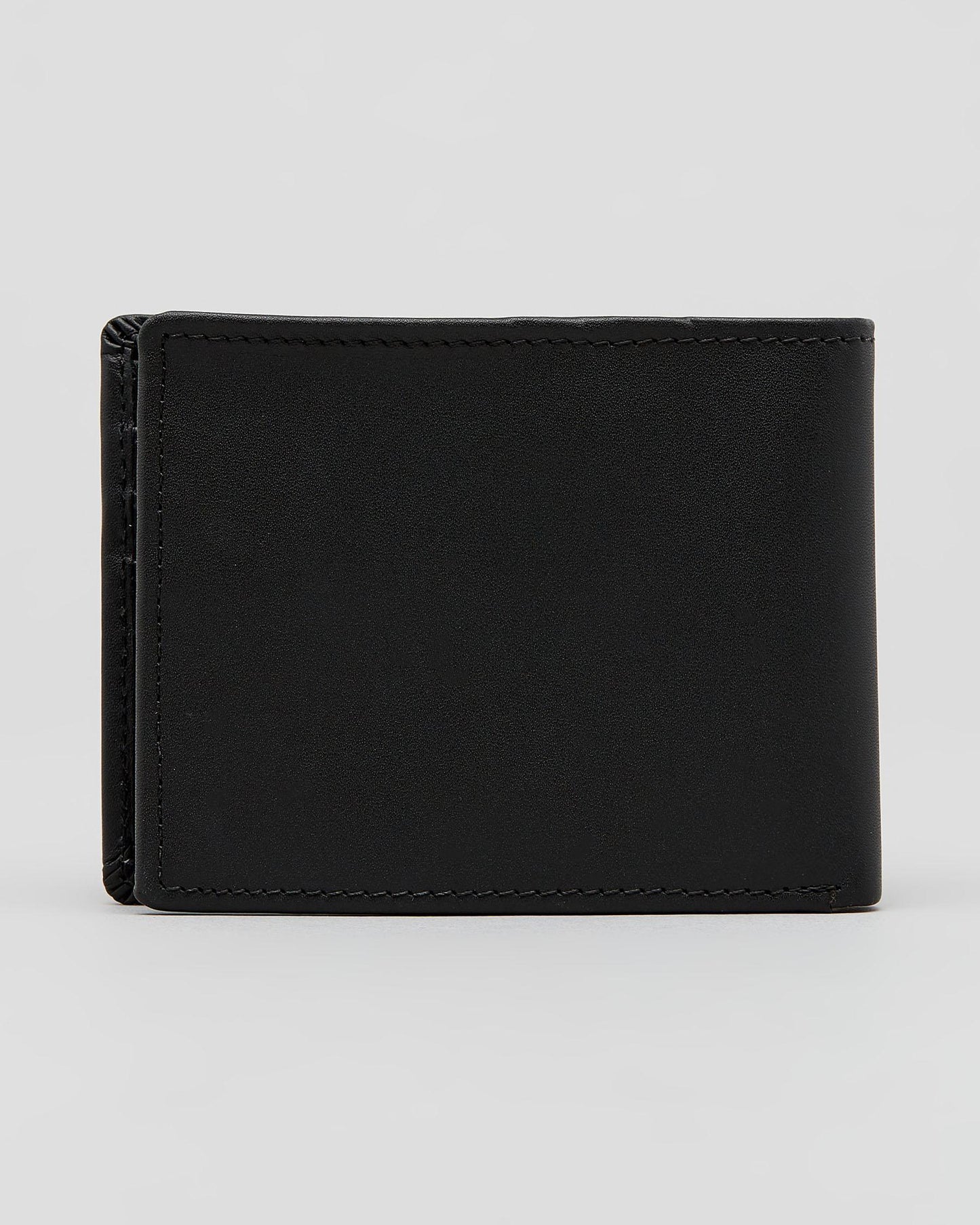 A black leather bifold wallet shown closed from the front on a light gray studio background.