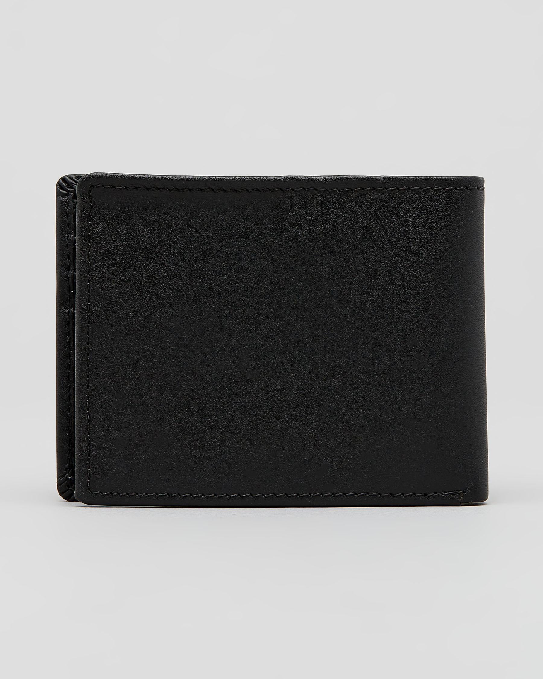 A black leather bifold wallet shown closed from the front on a light gray studio background.