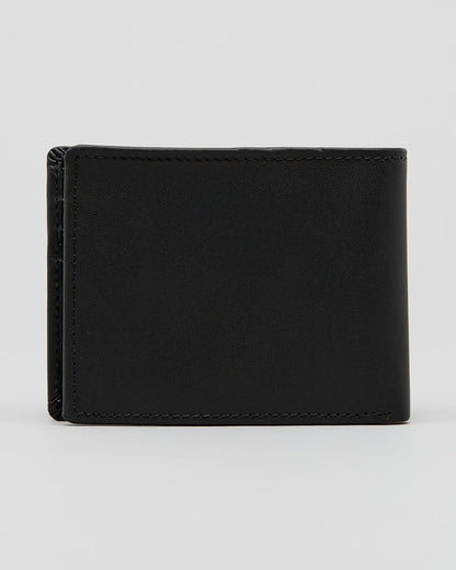A black leather bifold wallet shown closed from the front on a light gray studio background.