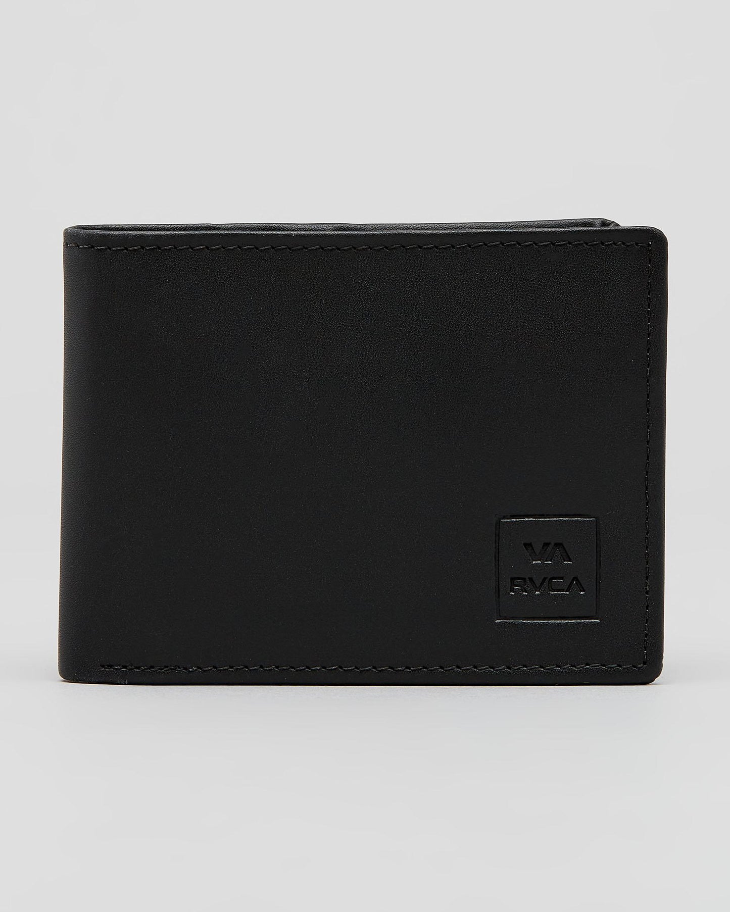 A black bi-fold wallet made of textured leather with a debossed square logo patch on the bottom right corner that reads 'VA RVCA', set against a plain light gray background.