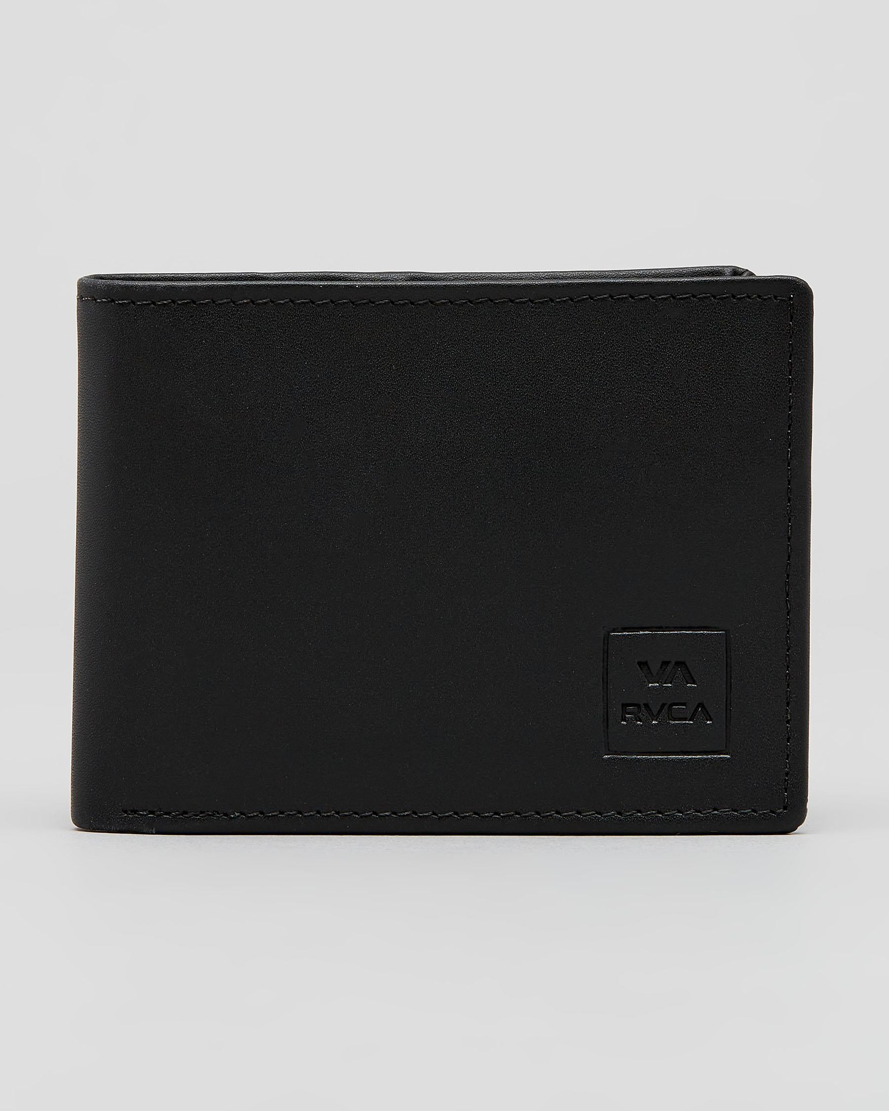 A black bi-fold wallet made of textured leather with a debossed square logo patch on the bottom right corner that reads 'VA RVCA', set against a plain light gray background.