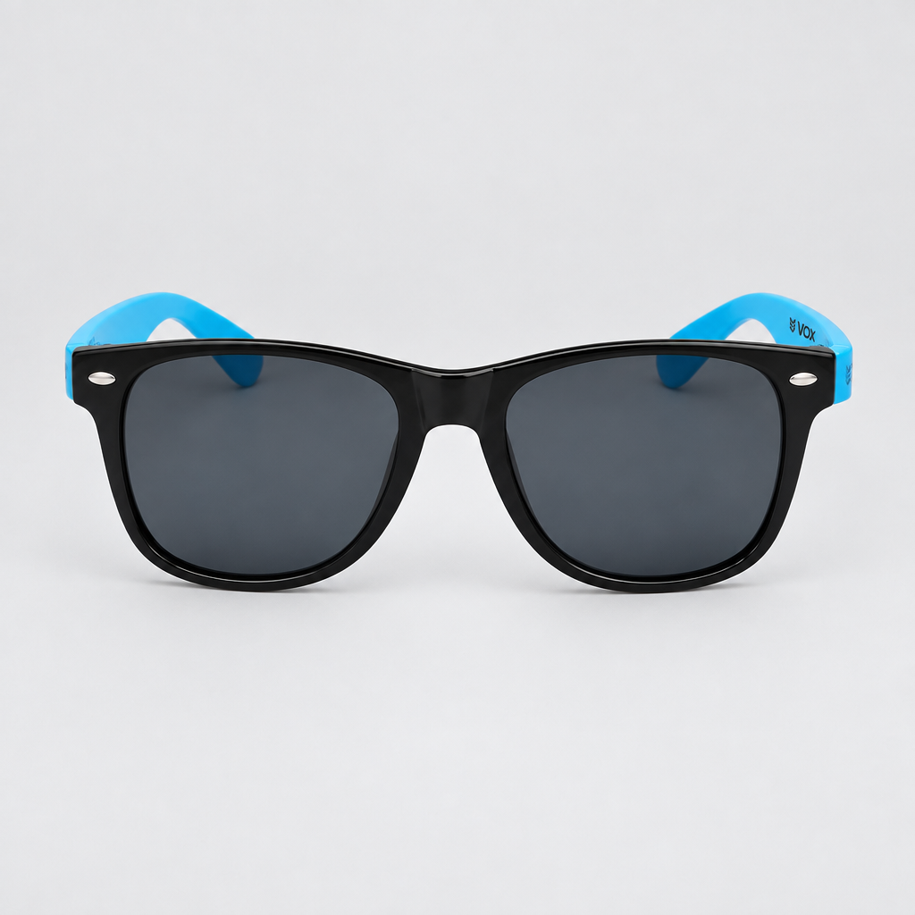 Black sunglasses with blue temple arms and dark gray lenses, photographed against a light gray background.
