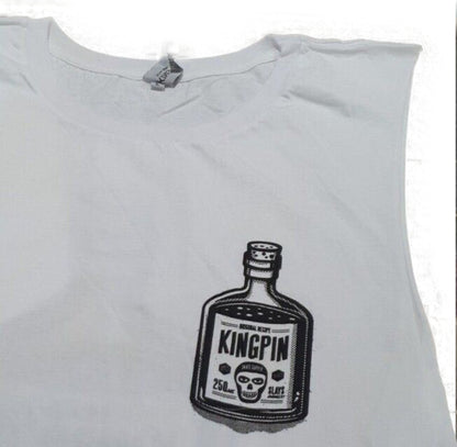 Gray t-shirt with a black and white 'Kingpin' bottle graphic on a white background