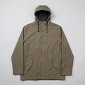 kingpin skate supply's brown hooded rain jacket with gold-tone snap buttons, laid flat on a light wood floor.