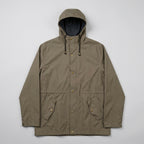 kingpin skate supply's brown hooded rain jacket with gold-tone snap buttons, laid flat on a light wood floor.