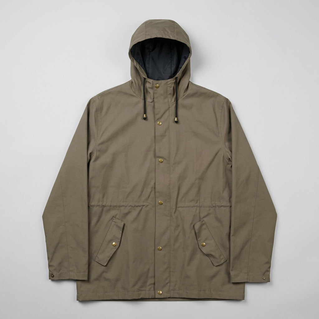 kingpin skate supply's brown hooded rain jacket with gold-tone snap buttons, laid flat on a light wood floor.