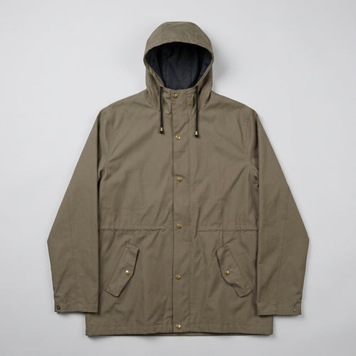 kingpin skate supply's brown hooded rain jacket with gold-tone snap buttons, laid flat on a light wood floor.