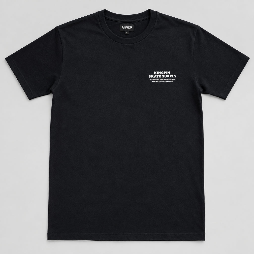 A black short-sleeve t-shirt with a small white graphic on the left chest reading 'KINGPIN SKATE SUPPLY' displayed flat against a white background.