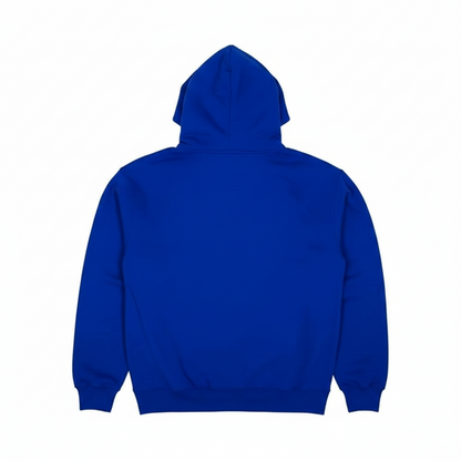A royal blue pullover hoodie featuring the iconic yellow and orange Thrasher Magazine flame logo printed across the chest, displayed against a solid white background.