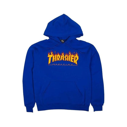 A royal blue pullover hoodie featuring the iconic yellow and orange Thrasher Magazine flame logo printed across the chest, displayed against a solid white background.