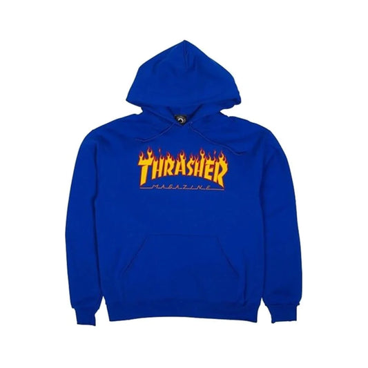 A royal blue pullover hoodie featuring the iconic yellow and orange Thrasher Magazine flame logo printed across the chest, displayed against a solid white background.
