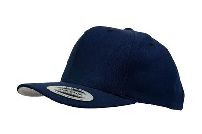 Navy blue cap with a white label on a white background