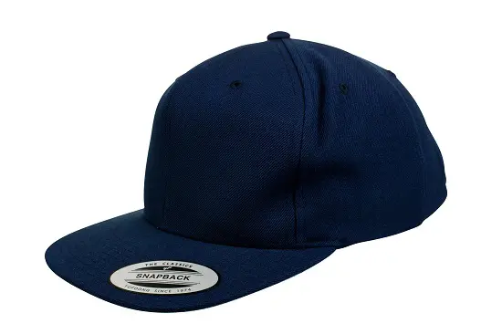 Navy blue snapback cap on a white background