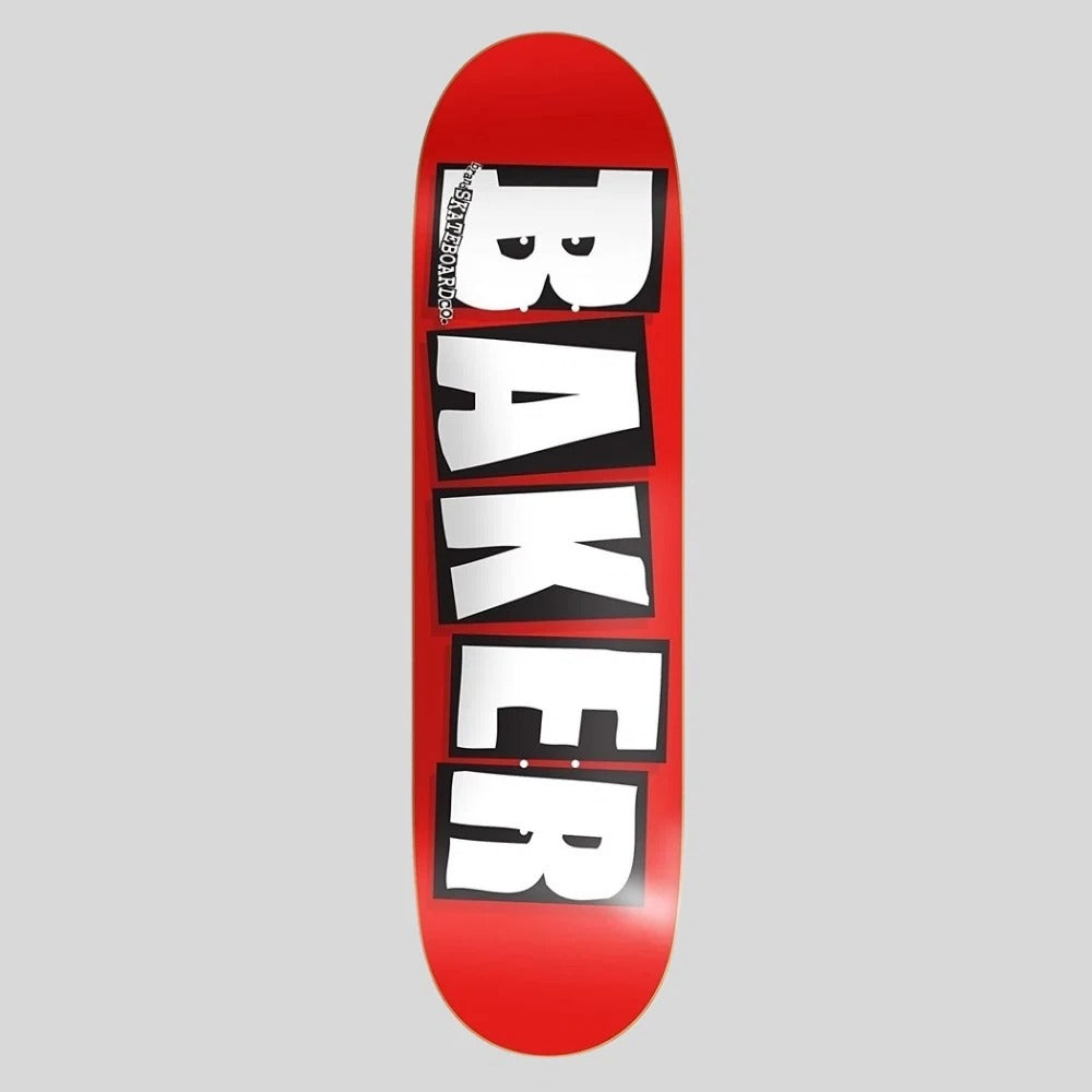 A red skateboard deck shown vertically against a light gray background, featuring the word 'BAKER' in large white letters with black outlines printed down the center.