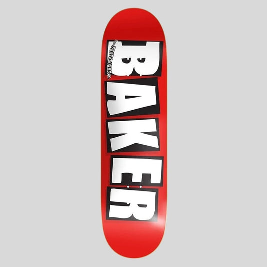 A red skateboard deck shown vertically against a light gray background, featuring the word 'BAKER' in large white letters with black outlines printed down the center.