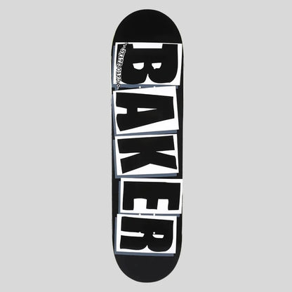 A skateboard deck featuring a bold graphic design with the word 'BAKER' in large black letters on white rectangular panels, set against a solid light gray background.