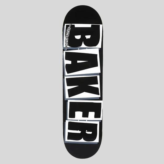 A skateboard deck featuring a bold graphic design with the word 'BAKER' in large black letters on white rectangular panels, set against a solid light gray background.