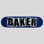 A skateboard deck shown vertically against a light gray background, featuring a dark blue base with a large black and white 'BAKER' graphic printed down the center.