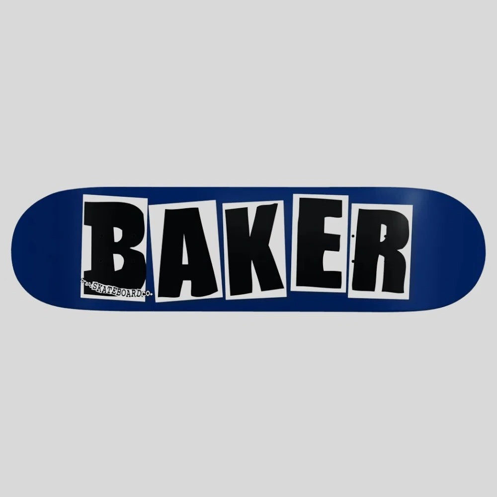 A skateboard deck shown vertically against a light gray background, featuring a dark blue base with a large black and white 'BAKER' graphic printed down the center.