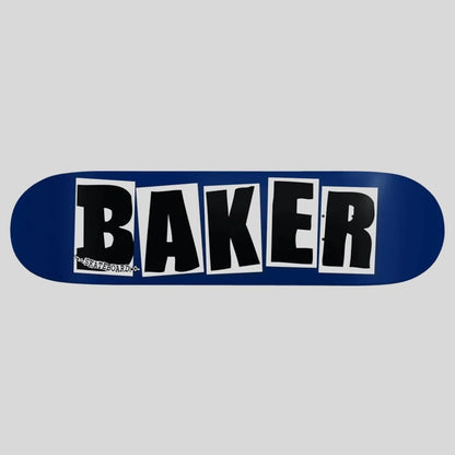 A skateboard deck shown vertically against a light gray background, featuring a dark blue base with a large black and white 'BAKER' graphic printed down the center.