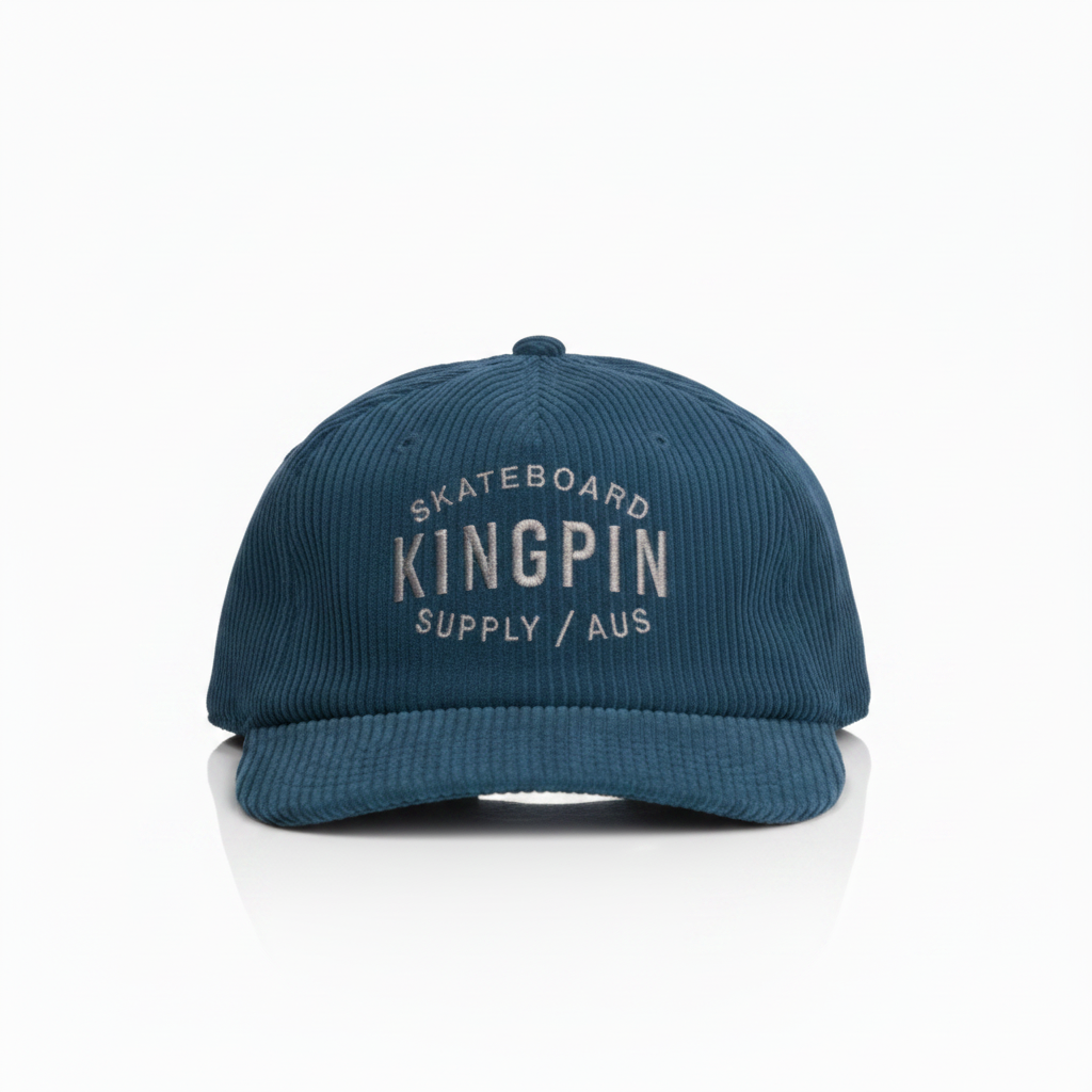 Blue cap with 'Skateboard Kingpin Supply Aus' text on a white background