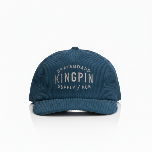 Blue cap with 'Skateboard Kingpin Supply Aus' text on a white background
