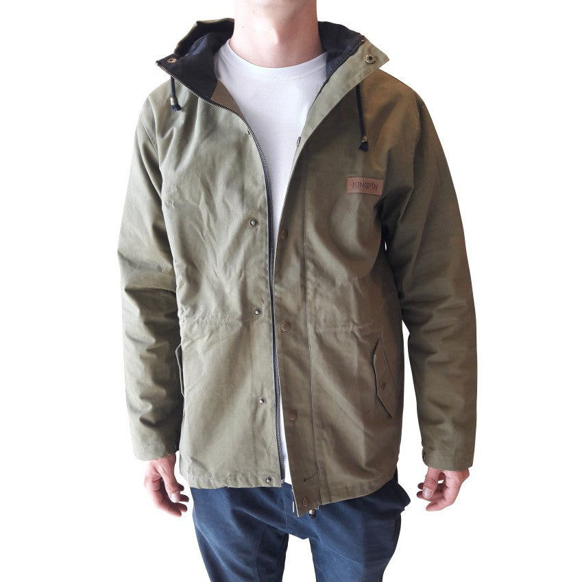 Kingpin Skate Supply Utility Jacket Olive Heavy Cotton Drill Zip Up Button Hood