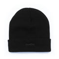 A black knit beanie hat with a folded cuff, featuring the word 'modus.' embroidered in dark gray on the front cuff, set against a plain white background.