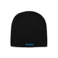 A black knit beanie hat with the word 'modus.' embroidered in bright blue on the front cuff, shown against a plain white background.