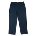 A pair of dark navy blue trousers shown flat against a solid white background.